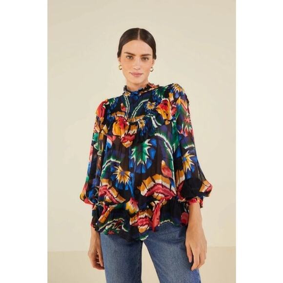 Farm Rio Chevron Tropical Forest Smocked Long Sleeve Blouse Black Small - Picture 1 of 10